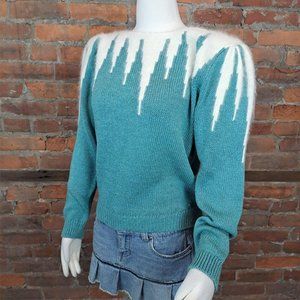 SOLDVintage Womens sweater Agua White 1980s Geometric Design Angora Blend Size L